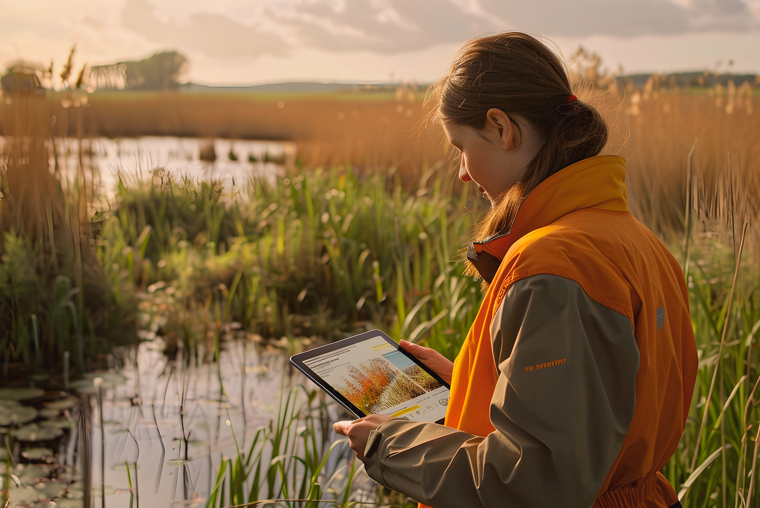 Young researcher standing in a wetland, reviewing peatland communication materials on a digital tablet