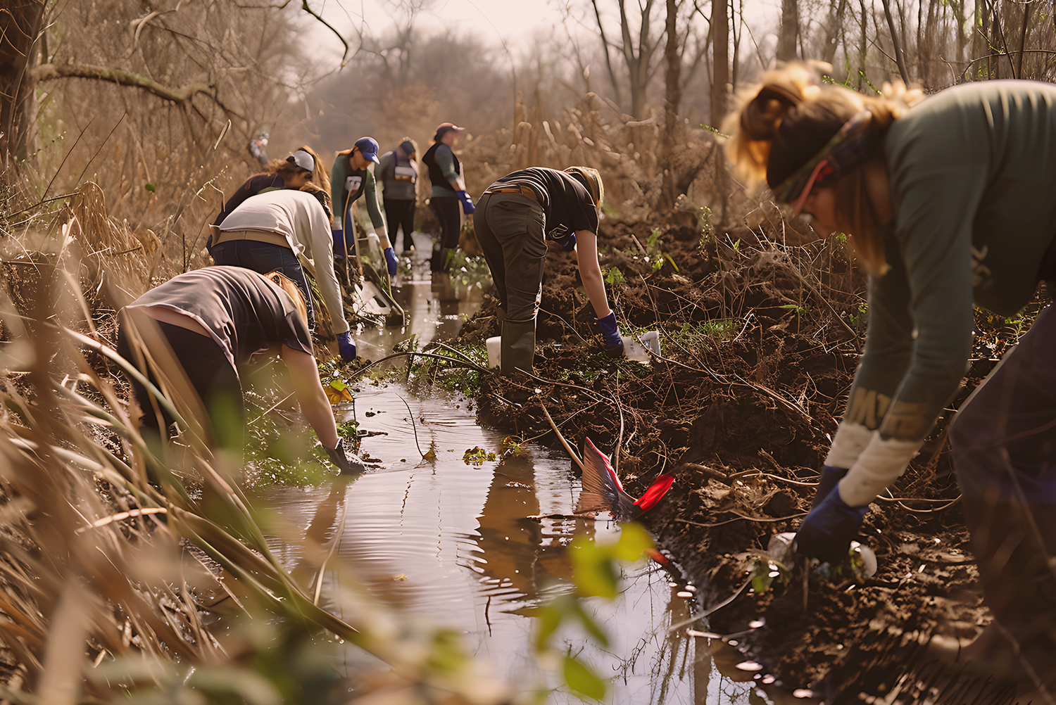 Volunteers restoring a wetland stream during a ForPeat community event
