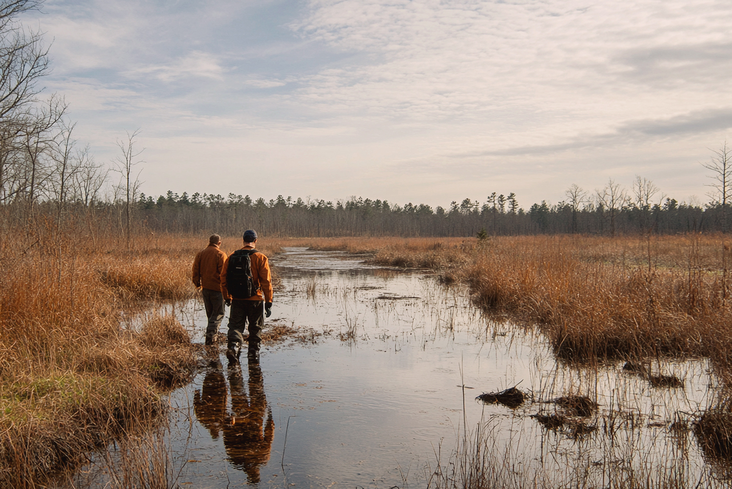 Researchers walking through a peatland wetland during fieldwork, representing ForPeat partners